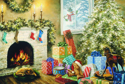 Adventtikalenterikortti  Takan edessä lahjoja