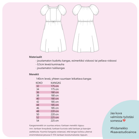 PDF-kaava, FRIDA, naisten puhvihihainen mekko 32-54