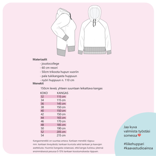 PDF-kaava, LIIKE, naisten raglanhihainen collegehuppari 32-54