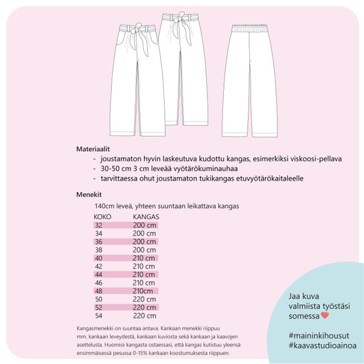 PDF-kaava, Maininki, naisten leveälahkeiset housut 32-54