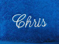 Käsipyyhe sininen, omalla tekstillä