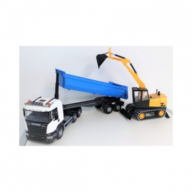 Valkosininen EMEK Scania Hiekkapuoliperärekka 50cm ja Telakaivuri 30cm