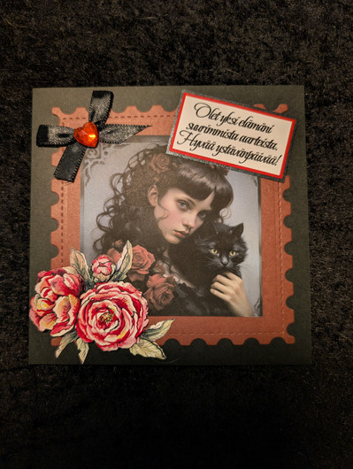 Handmade card with cat and girl