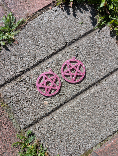Pink glitter pentagram earrings 