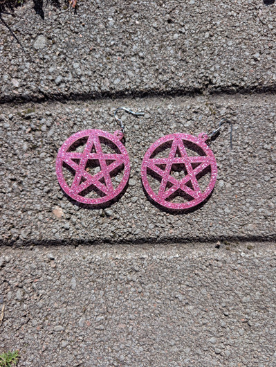 Pink glitter pentagram earrings 