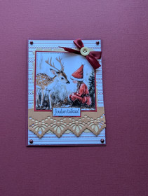 Christmas card featuring an elf girl and a deer