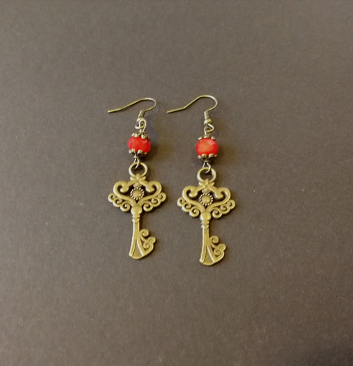 Bronze Key Earrings with red beads