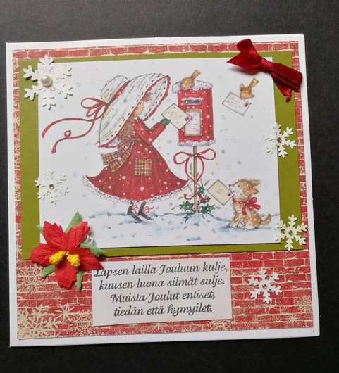 Joulukortti tyttö postilaatikolla 