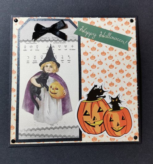 Happy halloween card with witch and cat
