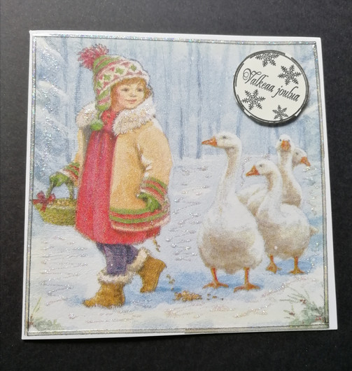 Joulukortti tyttö ja hanhet