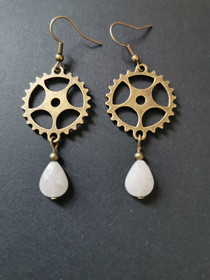 Gear Earrings with stone Droplets
