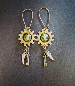 Gear earrings with keys and wings