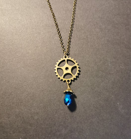 Gear necklace with blue drop