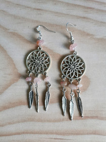 Dreamcatcher earrings with rose quartz stone beads