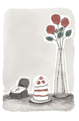 KORTTI, rippipäivänä, pun. ruusut ja kakku, 2-osainen