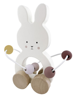 PUINEN PUPULELU PYÖRILLÄ JA HELMILLÄ, VALKOINEN 17 cm