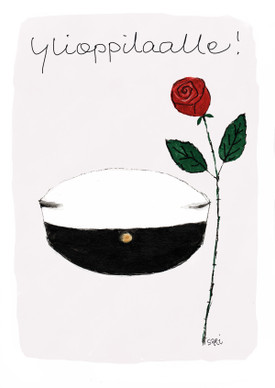 KORTTI, ylioppilaalle, punainen ruusu ja ylioppilaslakki, 2- Osainen