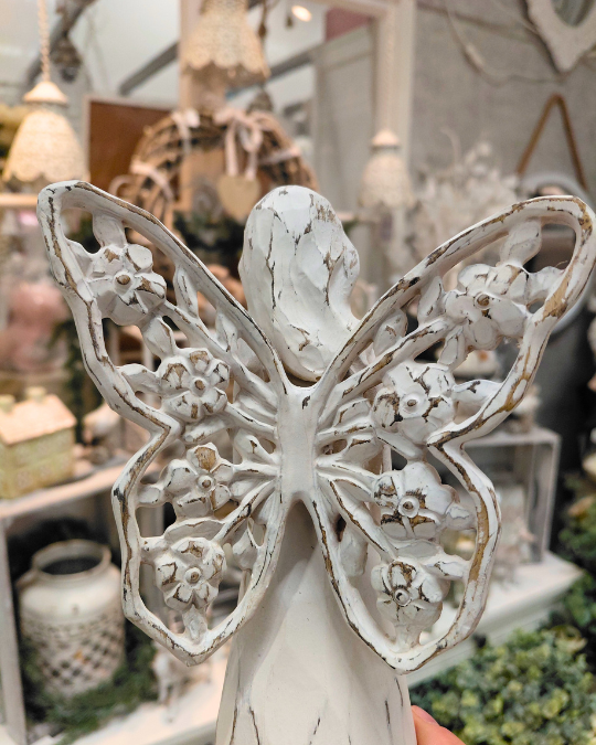 ENKELI JA KYYHKY, KULUTETUN VALKOINEN 10,5x5x17,5 cm