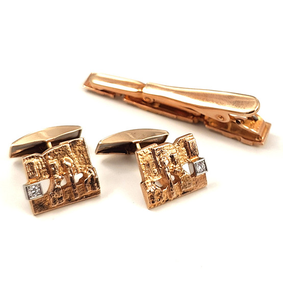 Lapponia | JÄÄRIITE kalvosinnapit + solmioneula | timantit yht.0,15ct | 585 kultaa
