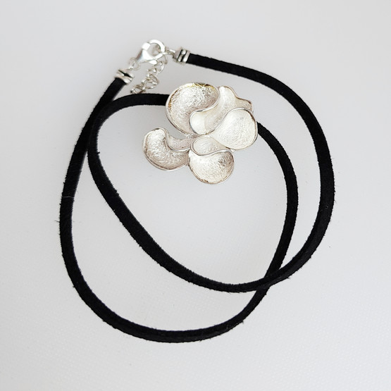 Flower -Pendant, Necklace, suede leather, 925 sterling