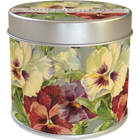 Tuoksukynttilä peltipurkissa 'Orvokit'