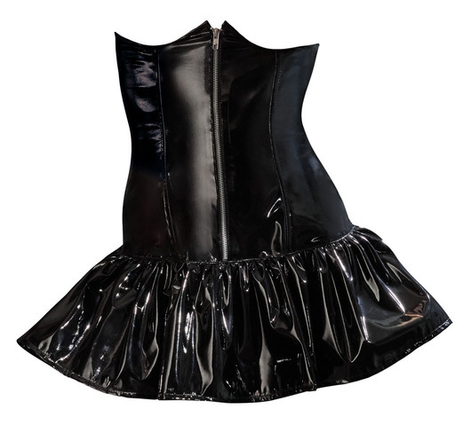 Decolteen paljaaksi jättävä pvc-mekko, istuva yläosa, kellohelma L