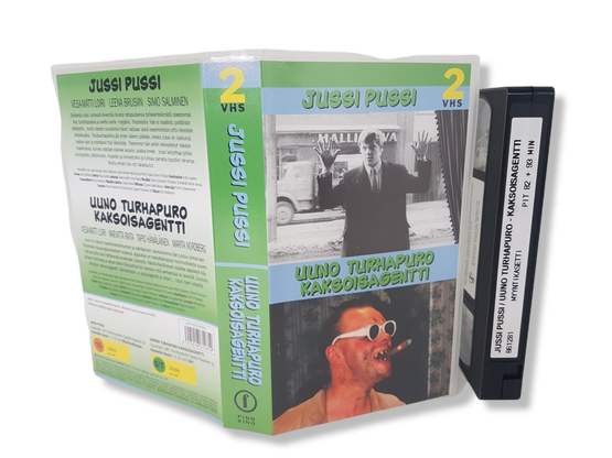 VHS-elokuva (Finnkino 2-VHS : Jussi Pussi, K16, Uuno Turhapuro kaksoisagentti, S) 