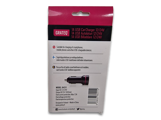 12/24V USB autolaturi (Grateq® 1A USB 12/24V)