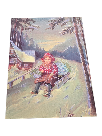 Vanha postikortti (Tyttö ja kelkka)