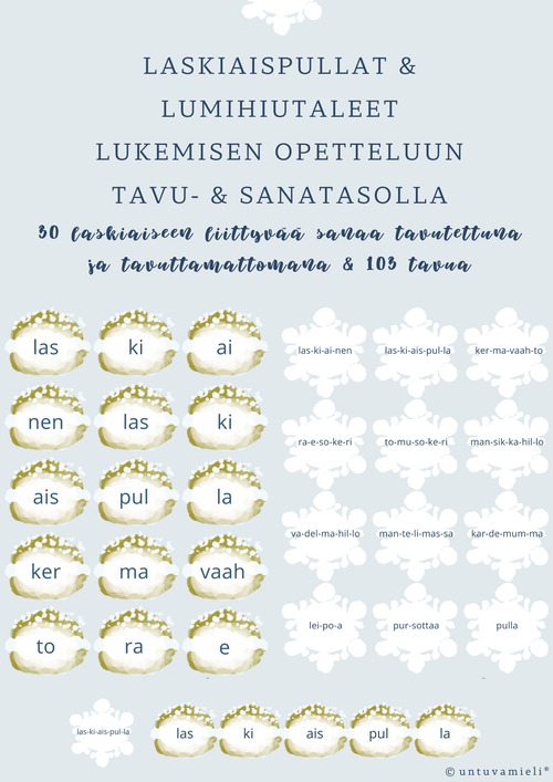 LASKIAISPULLAT & LUMIHIUTALEET - lukemisen opetteluun