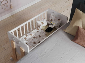 Leto, 6in1, sivuvaunusänky / pöytä, valkoinen, pyörät + patja