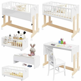 Leto, 6in1, sivuvaunusänky / pöytä, valkoinen, pyörät + patja