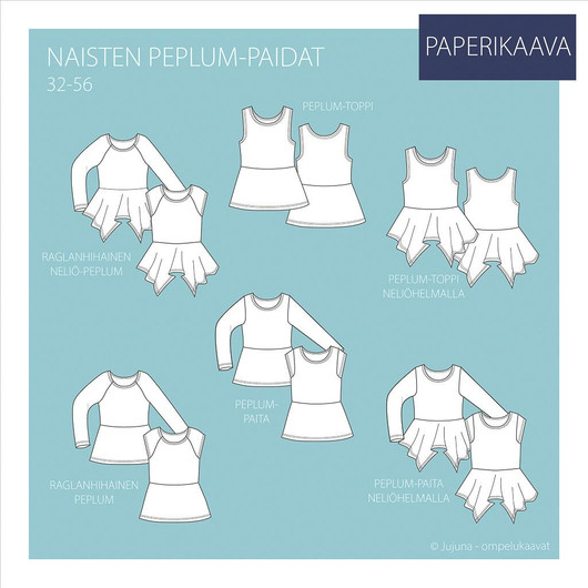 Naisten peplum-paidat 32-56 Paperikaava